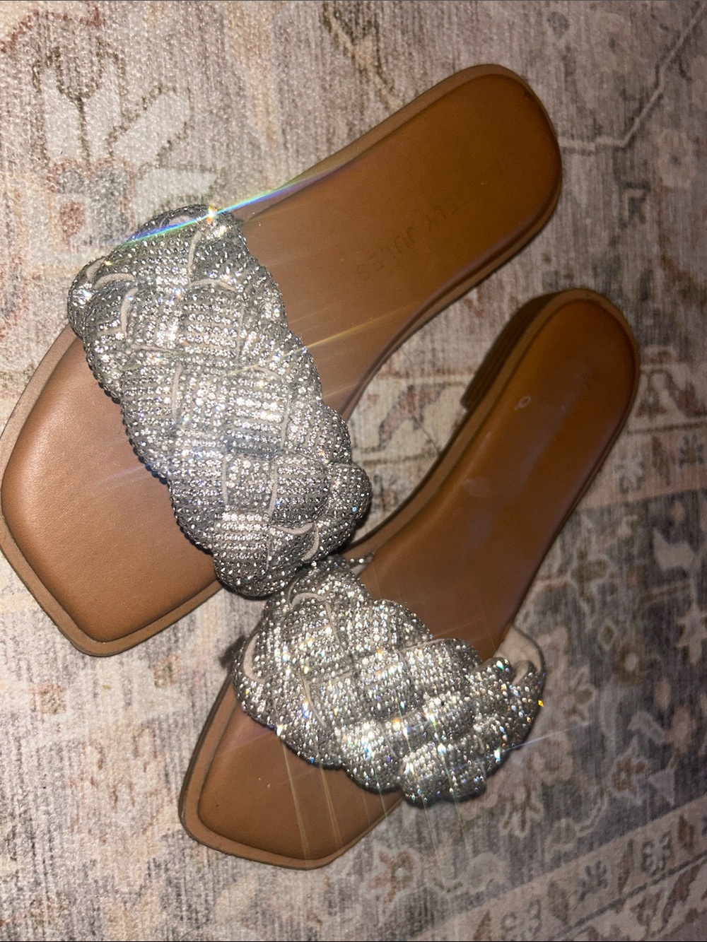 Sincerly Jules Silver Braided Rhinestone Slide Sandals